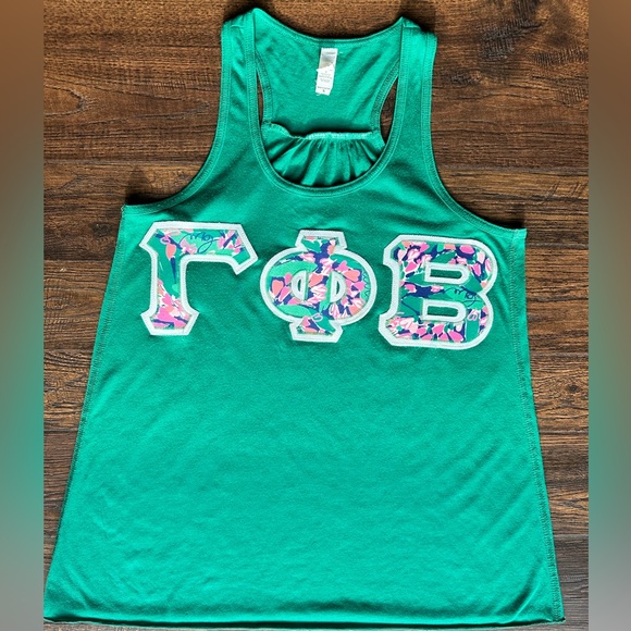 GAMMA PHI BETA racerback t-shirt green small green white floral letters sewn on - Picture 2 of 14